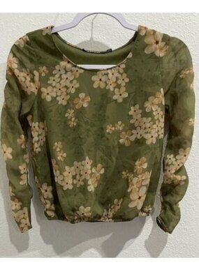 Vintage 90’s Floral Mesh Sheer Top Y2K Long Sleeve Stretch Green Whimsical